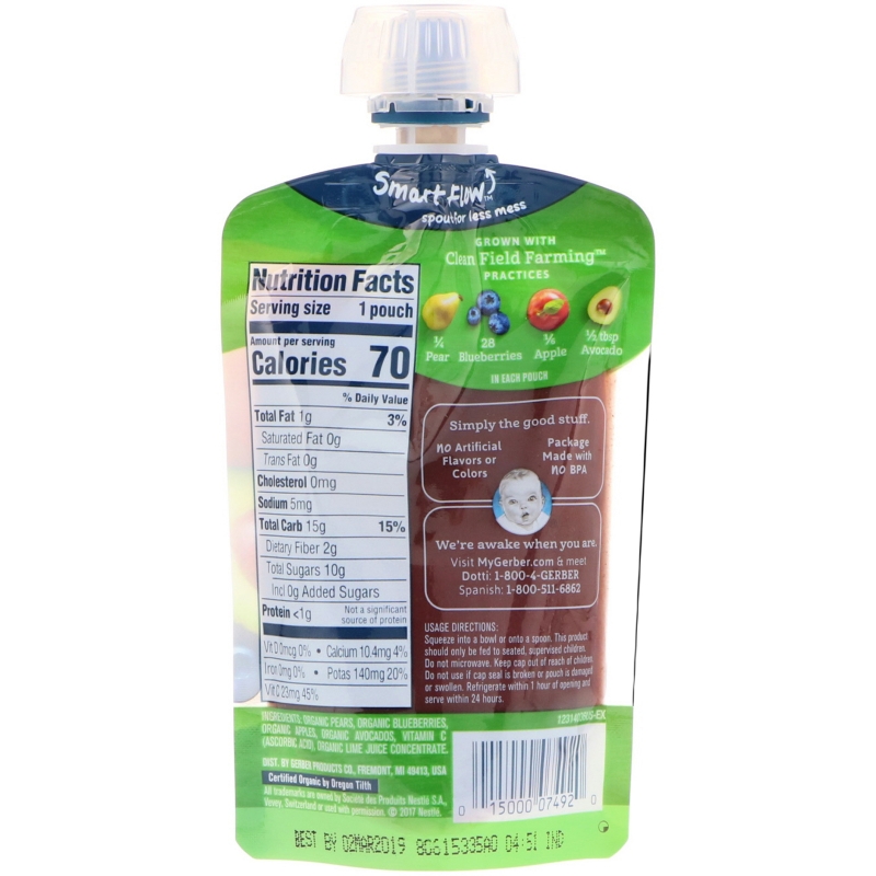 Gerber, Organic, Smart Flow, Sitter, 2nd Foods, Pear, Blueberry, Apple, Avocado, 3.5 oz (99 g)