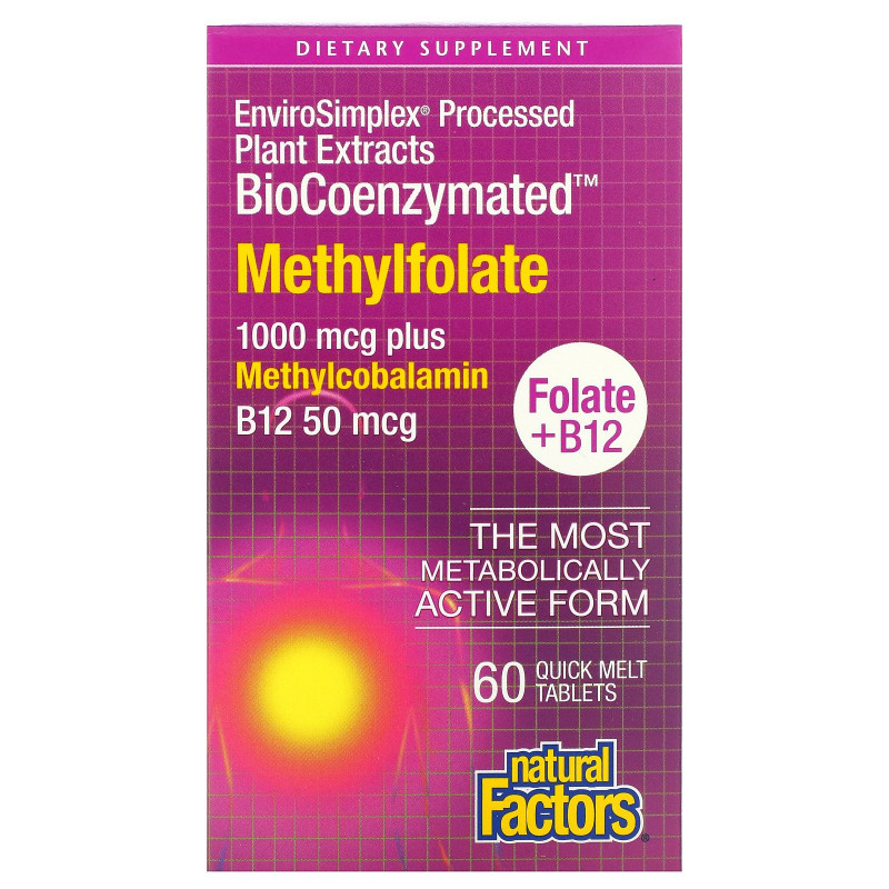 Natural Factors, BioCoenzymated, фолат и B12, метилфолат, 1000 мкг, 60 быстро рассасывающихся таблеток