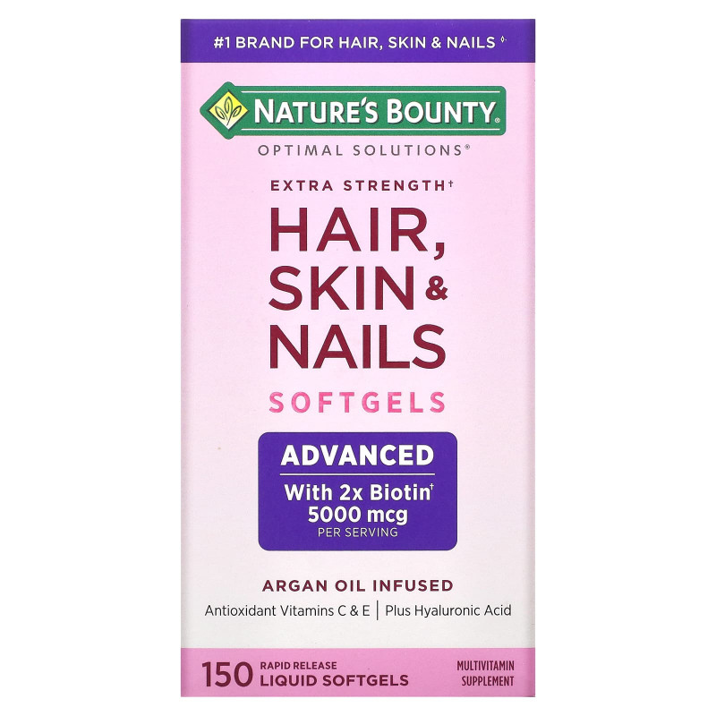 Nature's Bounty, Optimal Solutions, Hair, Skin & Nails, Extra Strength, 150 быстрорастворимых мягких капсул