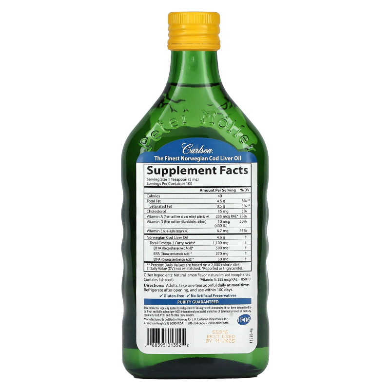 Carlson Labs, Жир печени дикой норвежской трески, со вкусом лимона, 16,9 жидких унций (500 мл)