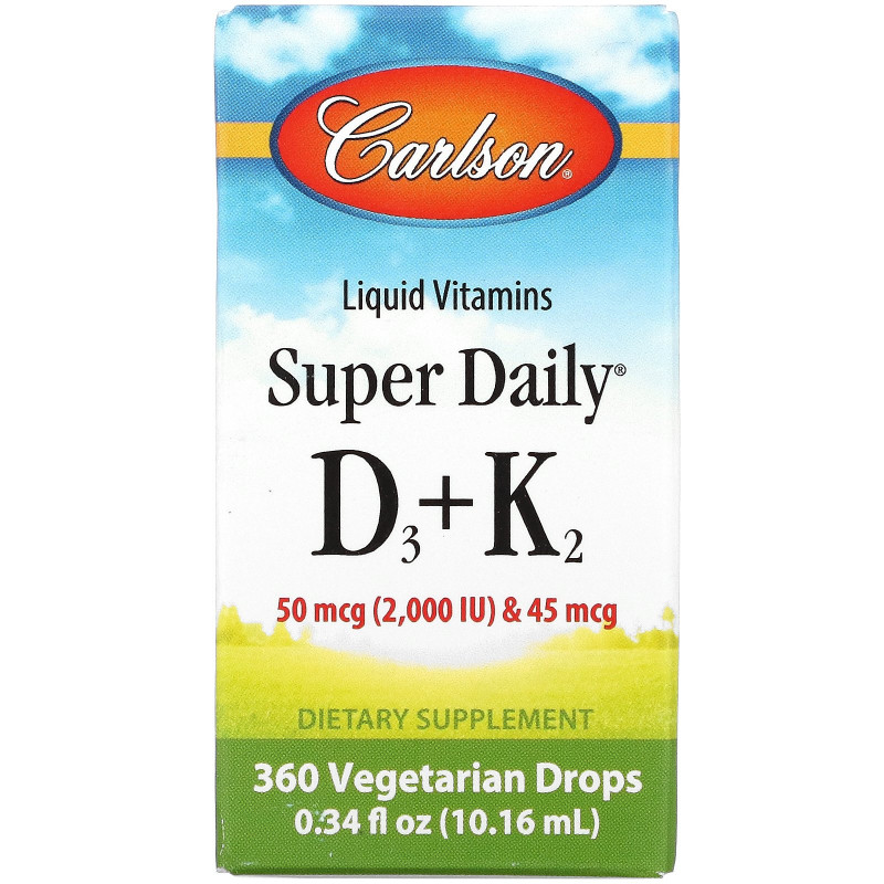 Carlson Labs, Жидкие витамины, Super Daily D3+K2, 50 мкг, 0,34 ж. унц. (10,16 мл)