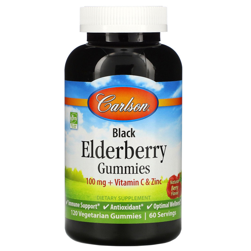 Carlson Labs, Black Elderberry Gummies + Vitamin C & Zinc, Natural Berry, 100 mg, 120 Vegetarian Gummies