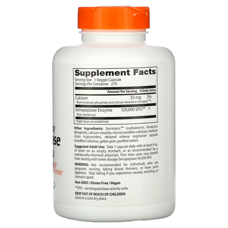 Doctor's Best Лучшая высокоэффективная серрапептаза  120000 SPUs 270 растительных капсул