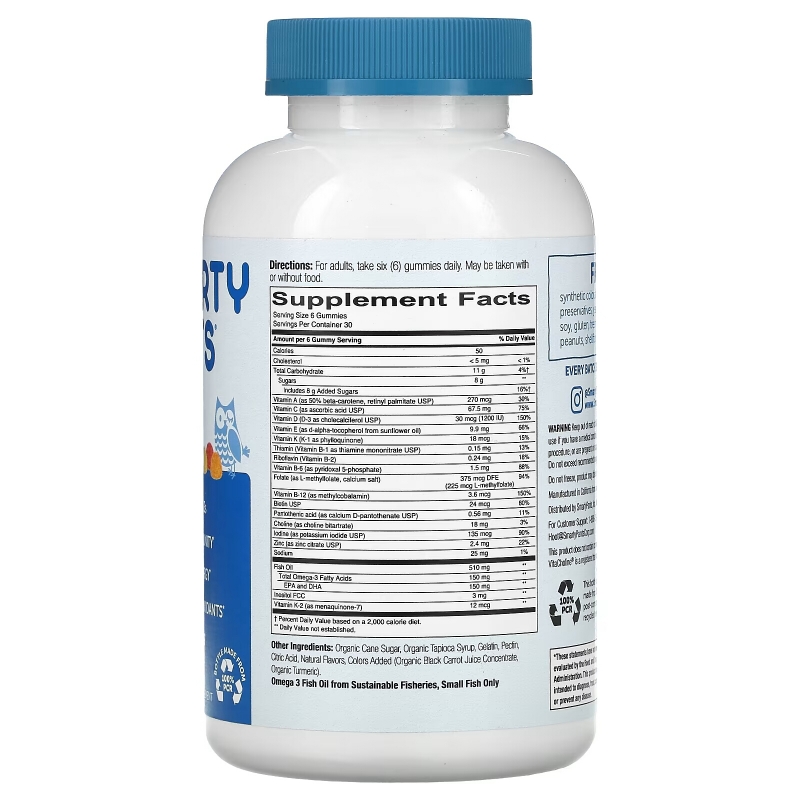 SmartyPants Комплекс мультивитаминов для взрослых + Омега 3 + Витамин D 180 Вкусных Жевательных Мармеладок