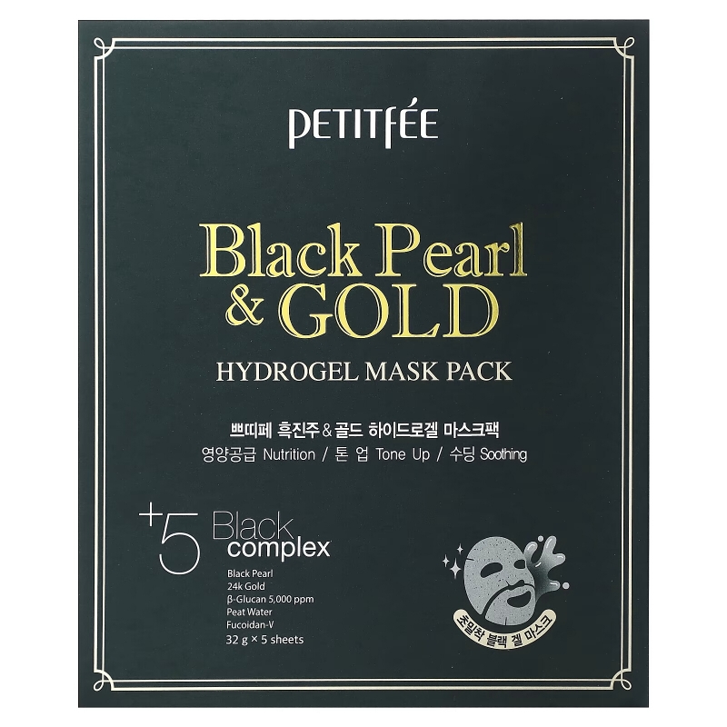 Petitfee, Black Pearl & Gold Hydrogel Mask Pack, 5 Sheets, 32 g Each