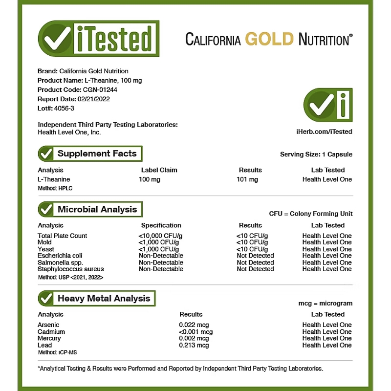 California Gold Nutrition, L-теанин, AlphaWave, способствует расслаблению, успокоению и концентрации, 100 мг, 30 вегетарианских капсул