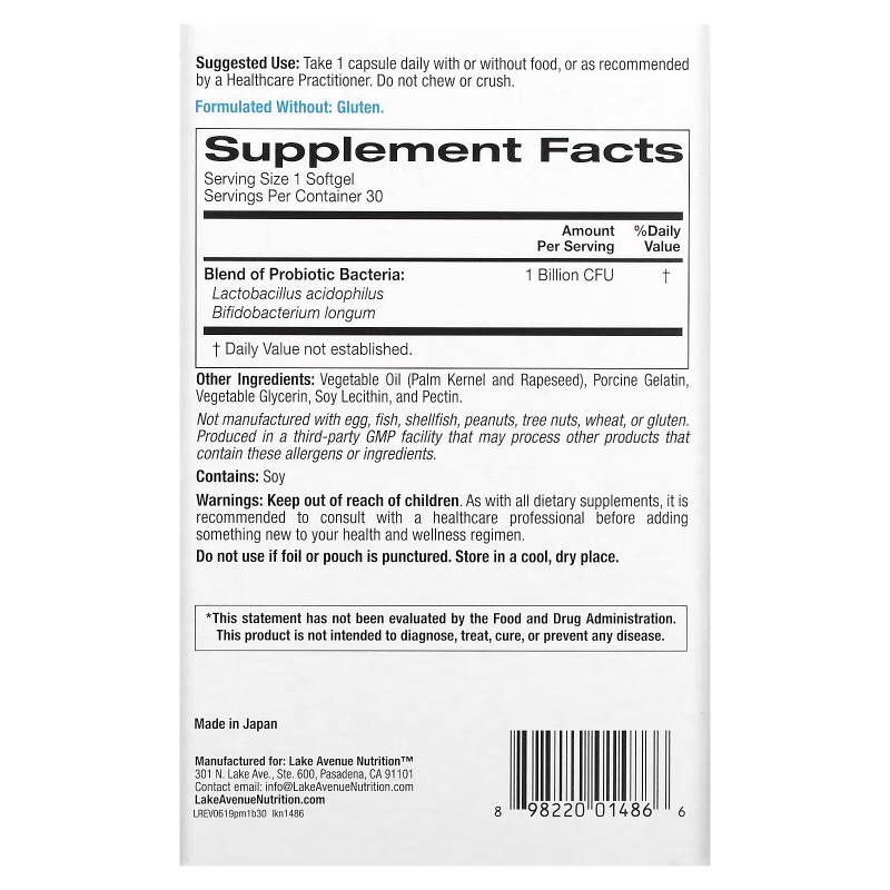 Lake Avenue Nutrition, Probiotic Minis, 2 Strains of Healthy Bacteria, 1 Billion CFU, 30 Mini Softgels