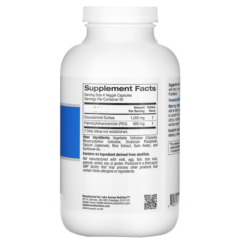 Lake Avenue Nutrition, PEA (Palmitoylethanolamide) + Glucosamine Sulfate, 600 mg + 1,200 mg Per Serving, 360 Veggie Capsules