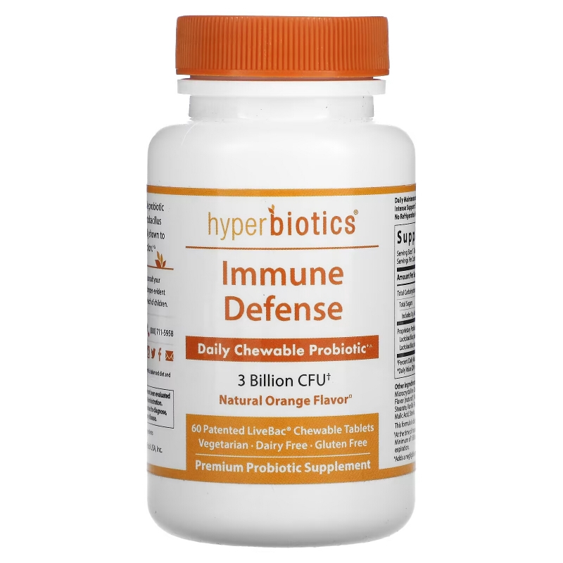 Hyperbiotics, Immune Defense, 3 Billion CFU, Natural Orange, 60 Chewable Tablets