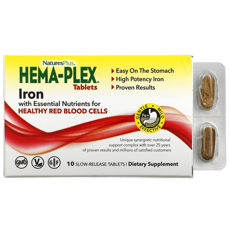 NaturesPlus, Hema-Plex, Iron with Essential Nutrients for Healthy Red Blood Cells , 10 Slow Release Tablets